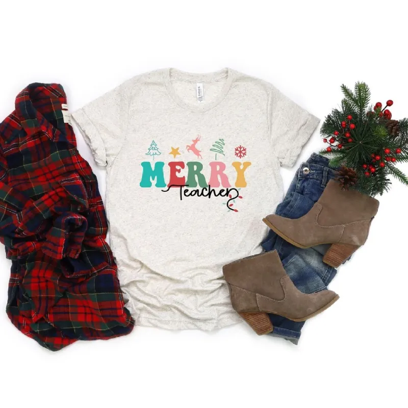 Merry Teacher Short Sleeve Crewnneck Tee sold by Zulily
