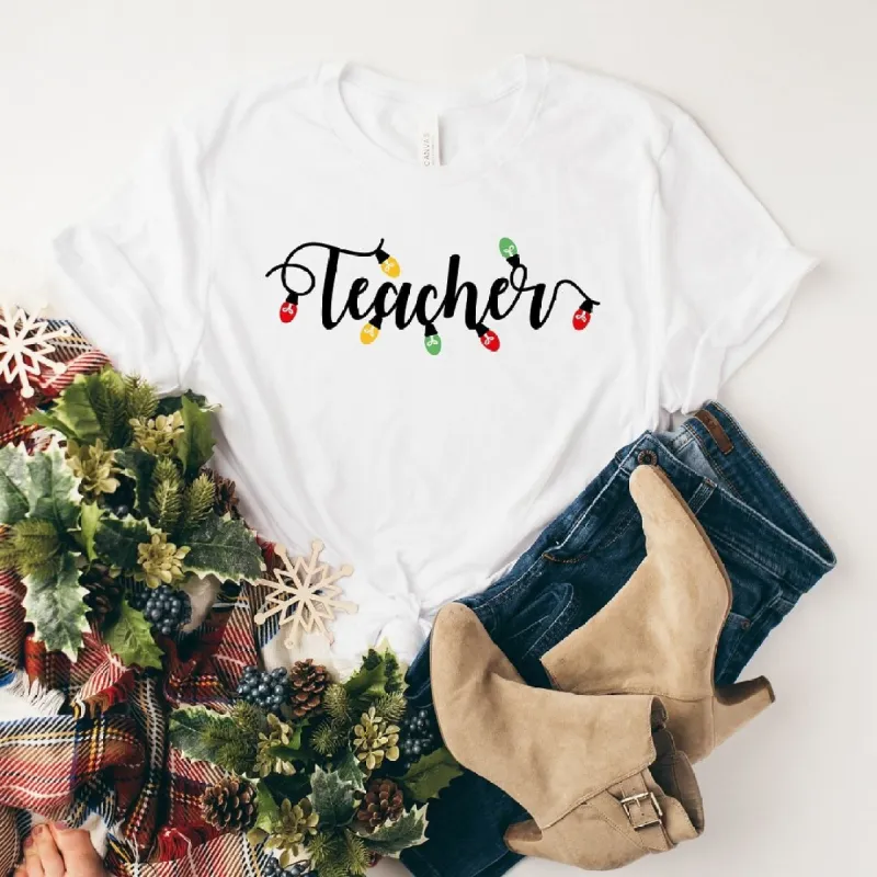 Teacher Christmas Lights Short Sleeve Crewnneck Tee sold by Zulily