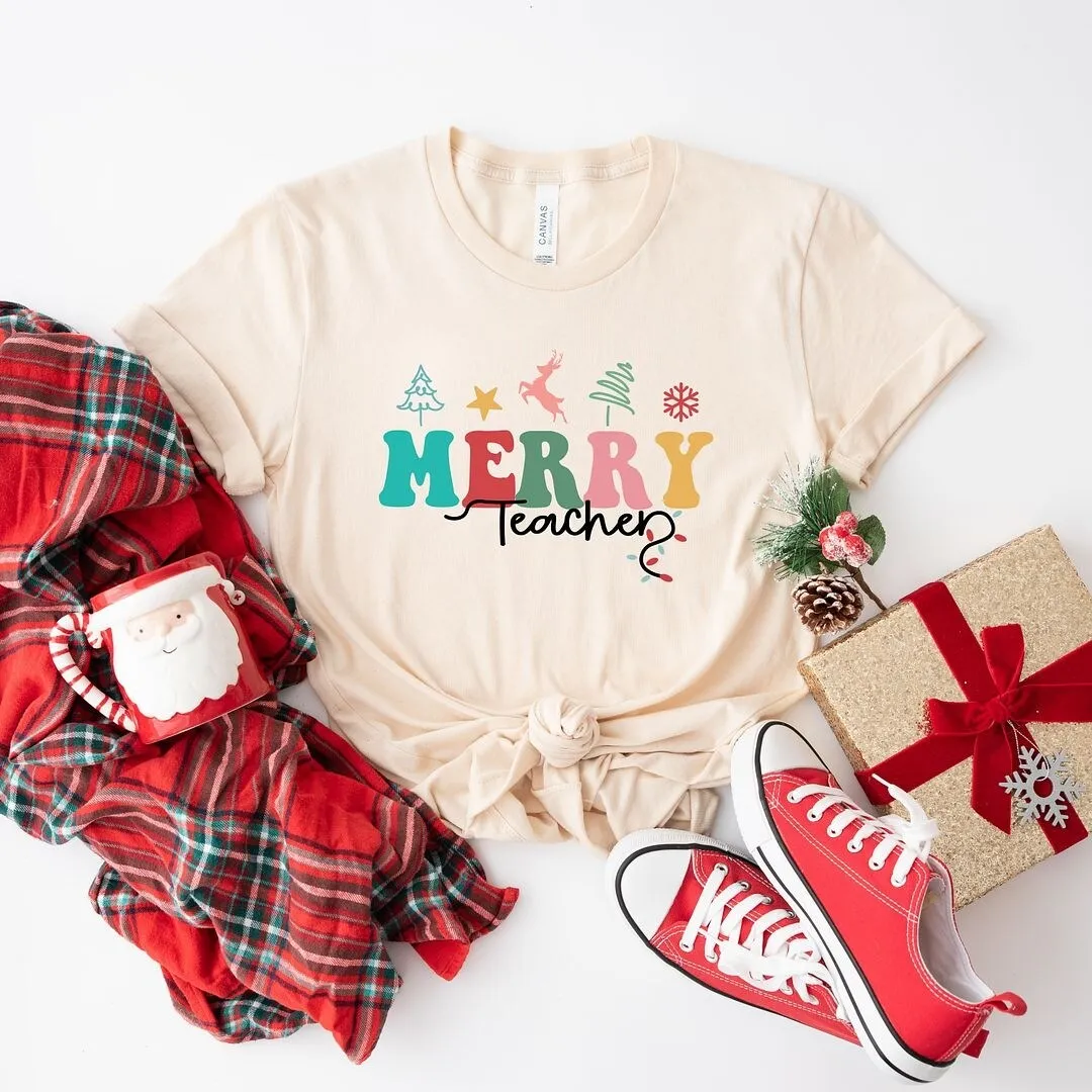 Merry Teacher Short Sleeve Crewnneck Tee sold by Zulily