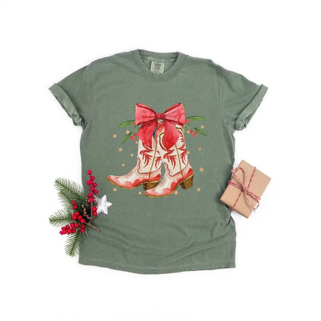 Coquette Cowgirl Christmas Boots Garment Dyed Tee sold by Zulily