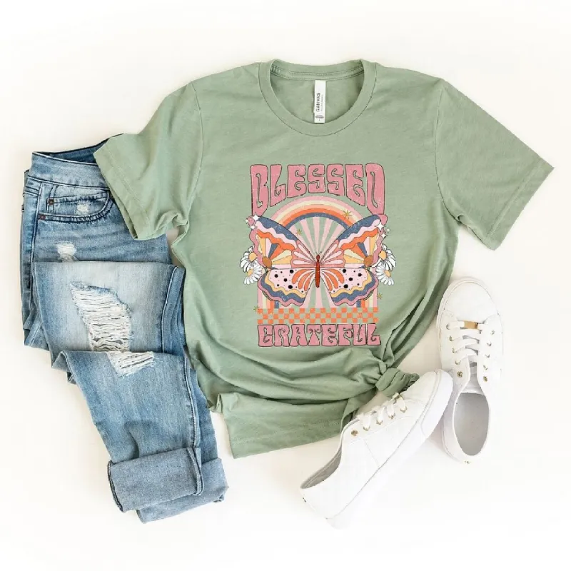 Blessed Grateful Butterfly Short Sleeve Crewnneck Tee sold by Zulily