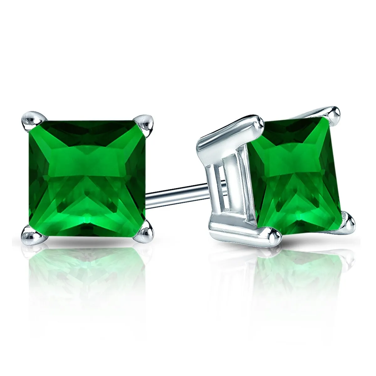 RhythmRocks Sterling Silver Lab Grown Gemstone Princess Emerald Stud Earrings 2.00 ct. tgw. 4-Prong Push-Back - Green sold by Zulily product image thumbnail 2