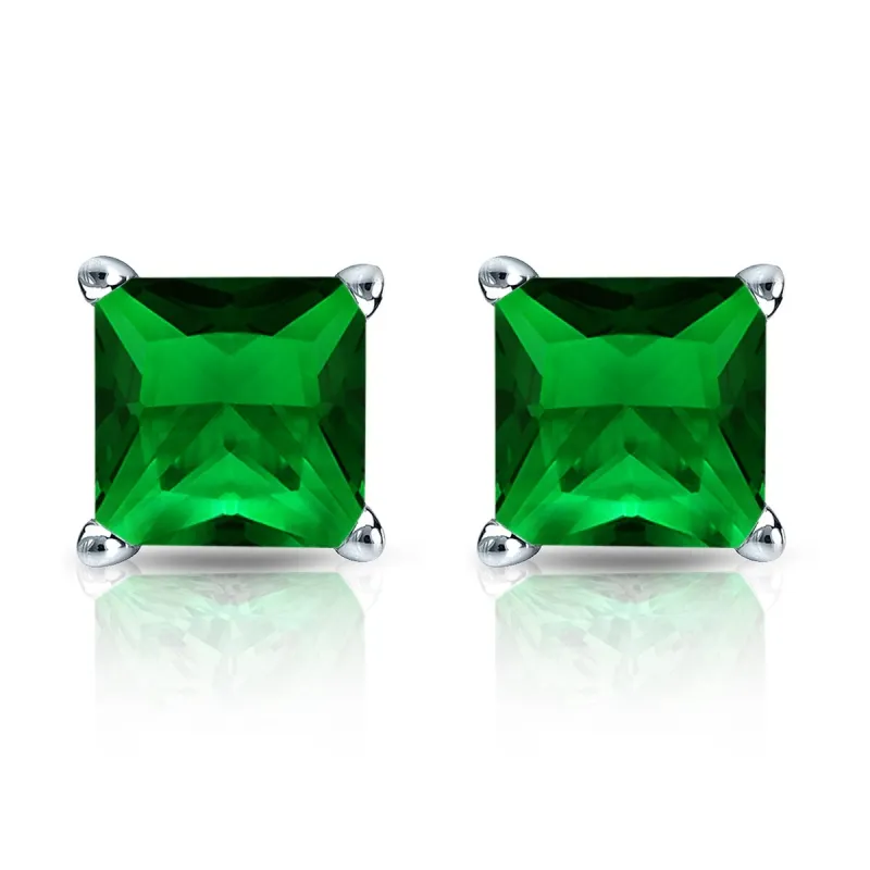RhythmRocks Sterling Silver Lab Grown Gemstone Princess Emerald Stud Earrings 2.00 ct. tgw. 4-Prong Push-Back - Green sold by Zulily