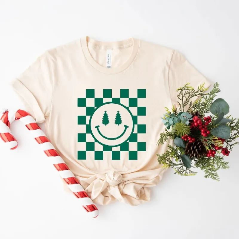 Checkered Christmas Smiley Short Sleeve Crewnneck Tee made by Zulily