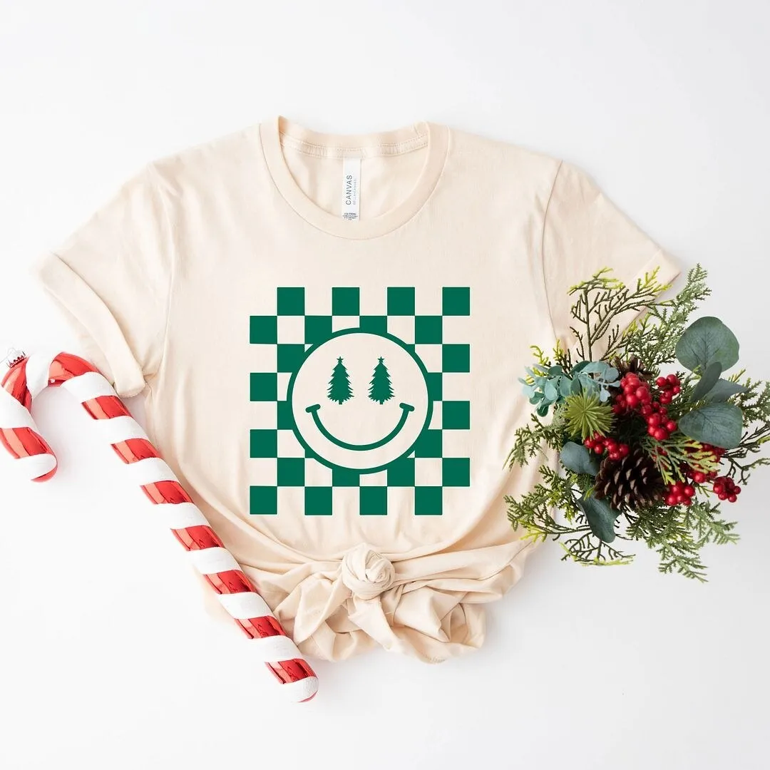 Checkered Christmas Smiley Short Sleeve Crewnneck Tee sold by Zulily