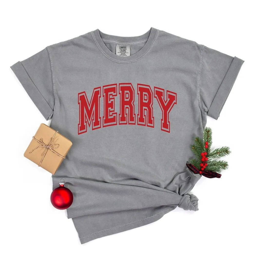 Merry Varsity Thick Outline Garment Dyed Tee sold by Zulily
