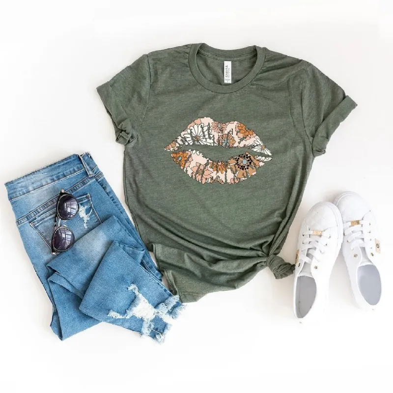 Boho Floral Lips Short Sleeve Crewnneck Tee sold by Zulily