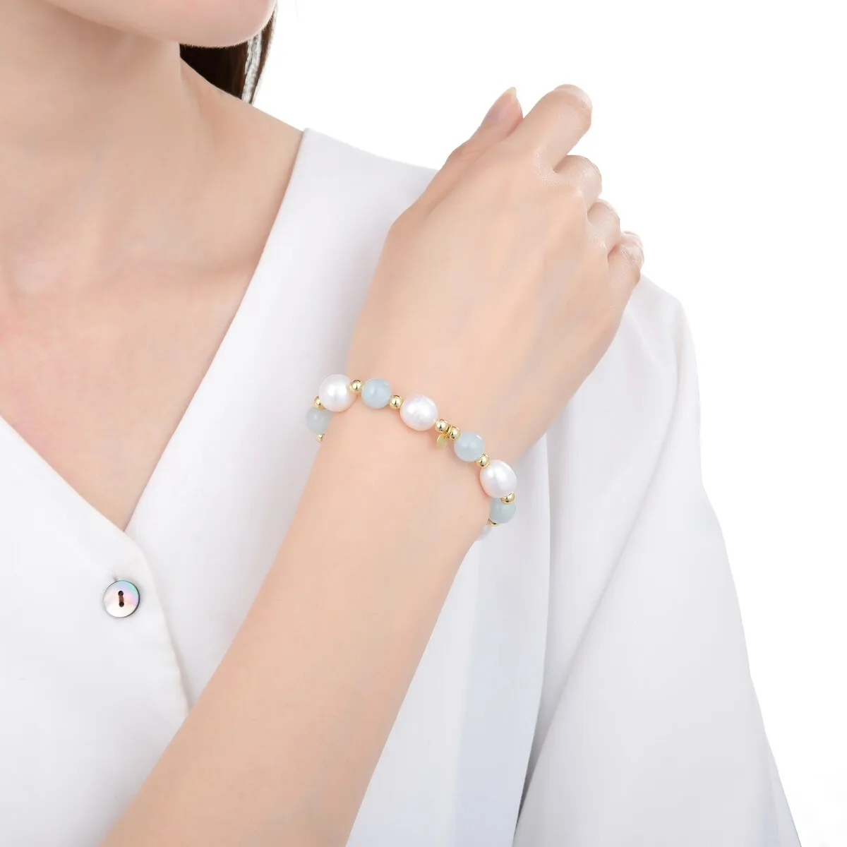 Aquamarine and Freshwater Pearl Beaded Bracelet sold by Zulily product image thumbnail 3