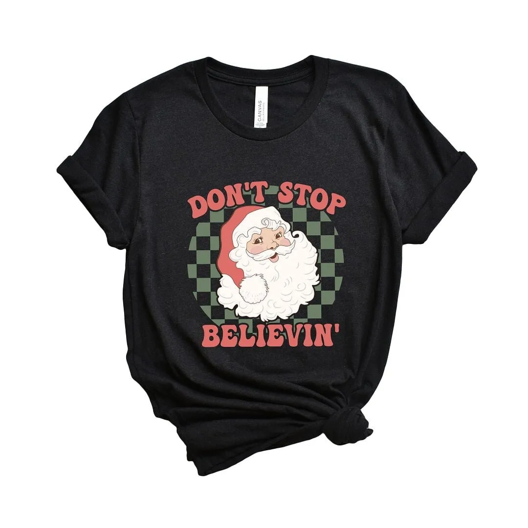 Don't Stop Believin' Santa Checkered Short Sleeve Crewnneck Tee sold by Zulily product image thumbnail 2