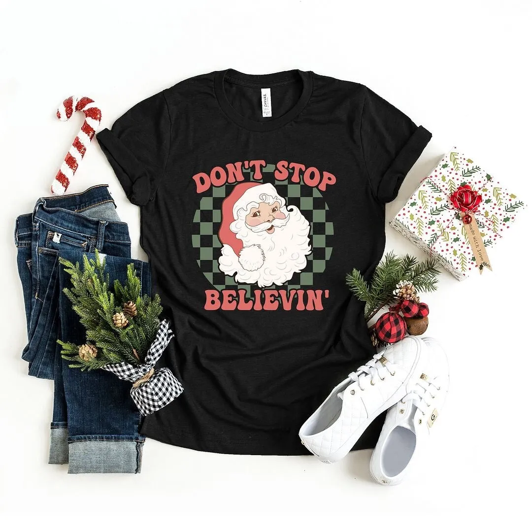 Don't Stop Believin' Santa Checkered Short Sleeve Crewnneck Tee sold by Zulily