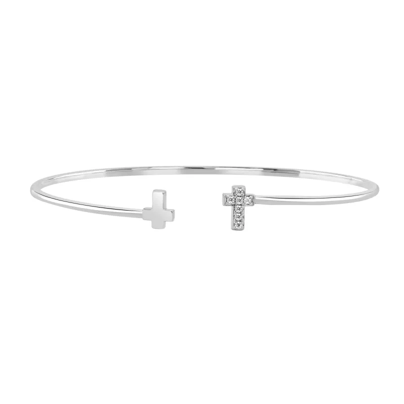 RhythmRocks Sterling Silver Round Diamond Simulant CZ Cross Bangle Bracelet (AAA Quality) sold by Zulily