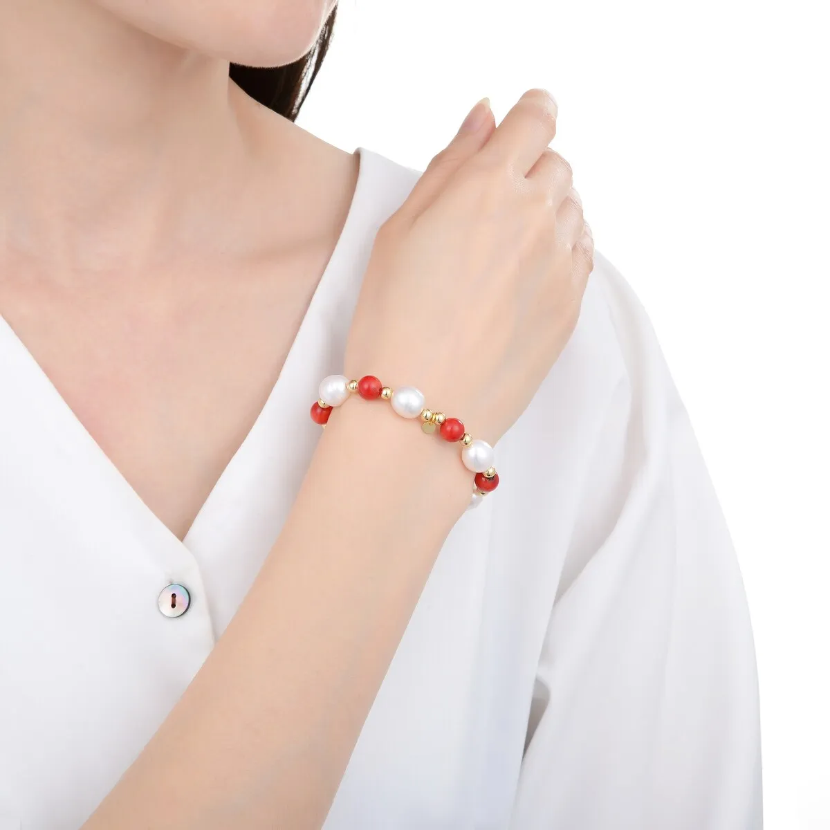 Red Coral and Freshwater Pearl Beaded Bracelet sold by Zulily product image thumbnail 3