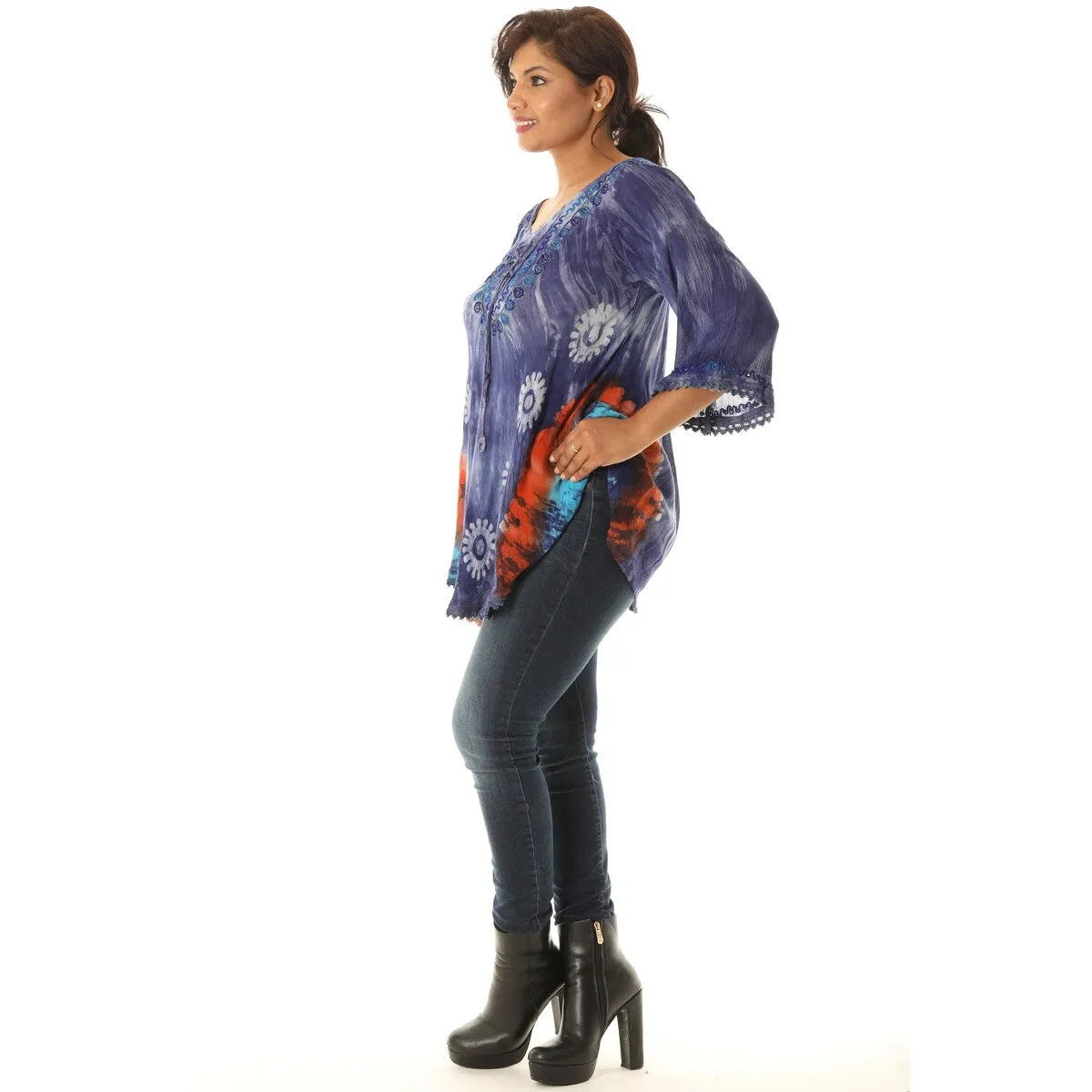 Bold Floral Pattern Orange Accent Tie Dye Rayon Tunic sold by Zulily product image thumbnail 3