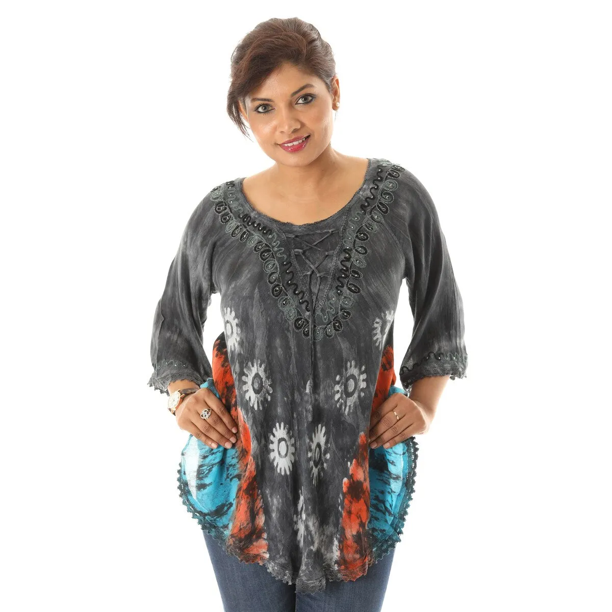 Bold Floral Pattern Orange Accent Tie Dye Rayon Tunic sold by Zulily product image thumbnail 4