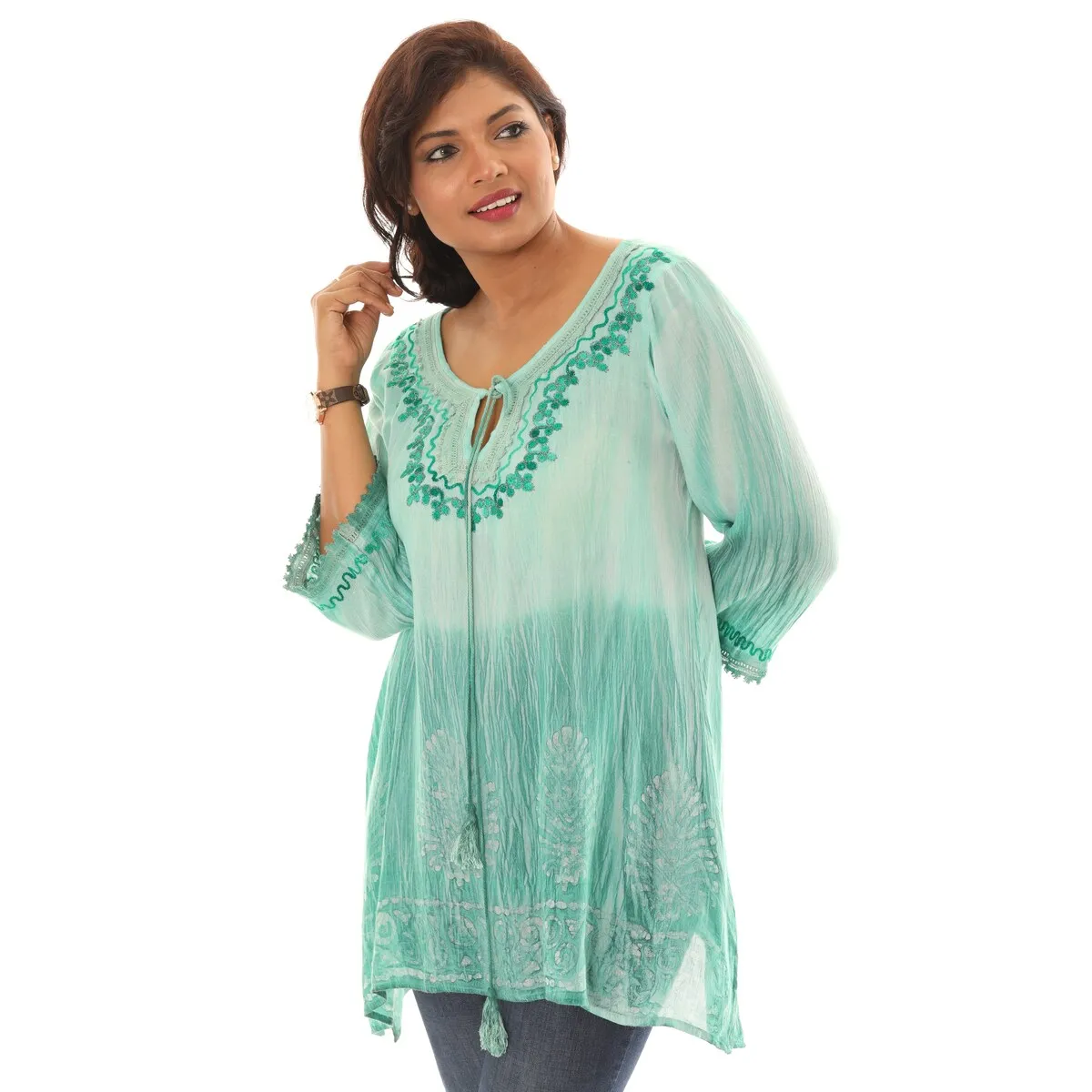 Geometric Wave Pom-Pom-Trim Keyhole-Front Tunic sold by Zulily