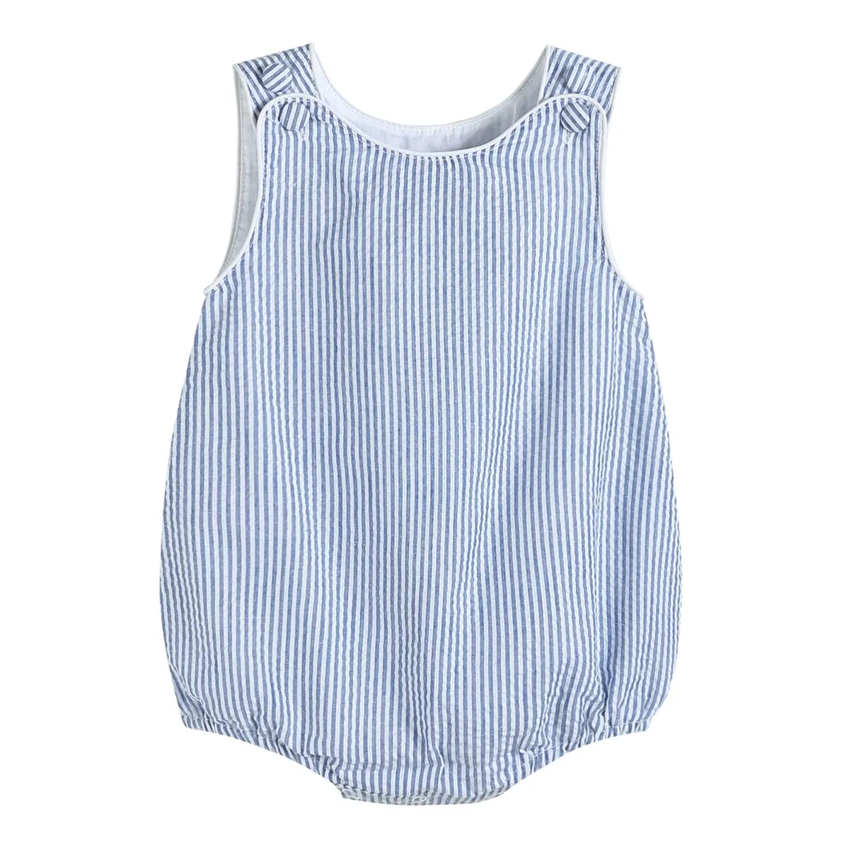 Classic Dark Blue Stripe Seersucker Romper sold by Zulily