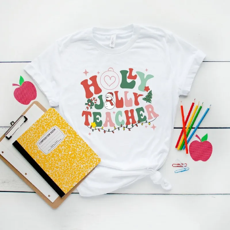 Holly Jolly Teacher Short Sleeve Crewnneck Tee sold by Zulily