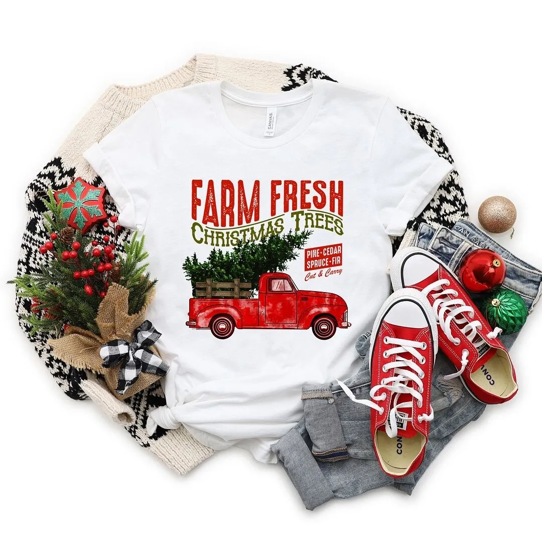 Farm Fresh Christmas Trees Truck Short Sleeve Crewnneck Tee sold by Zulily