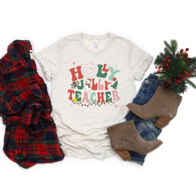 Holly Jolly Teacher Short Sleeve Crewnneck Tee sold by Zulily