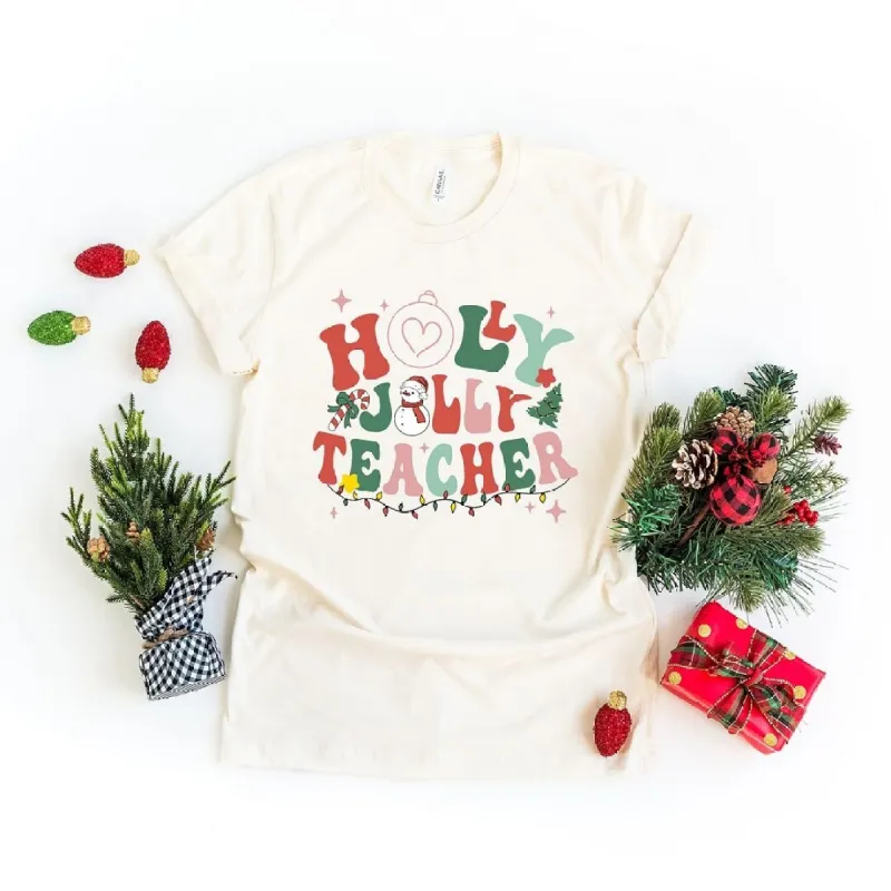Holly Jolly Teacher Short Sleeve Crewnneck Tee sold by Zulily