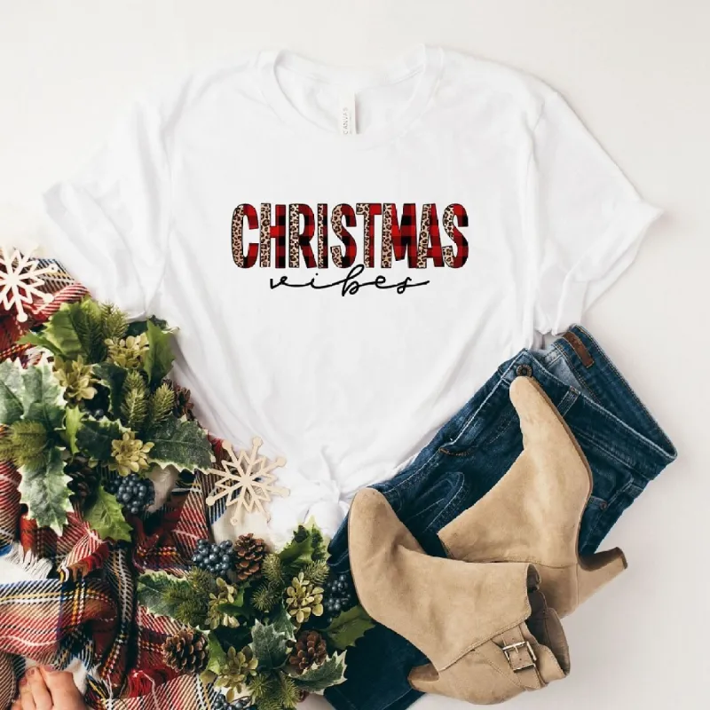 Leopard Plaid Christmas Vibes Short Sleeve Crewnneck Tee sold by Zulily