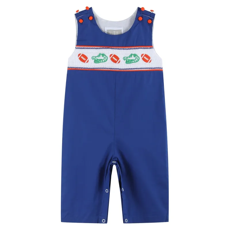 Blue and Orange Football Smocked Overalls sold by Zulily