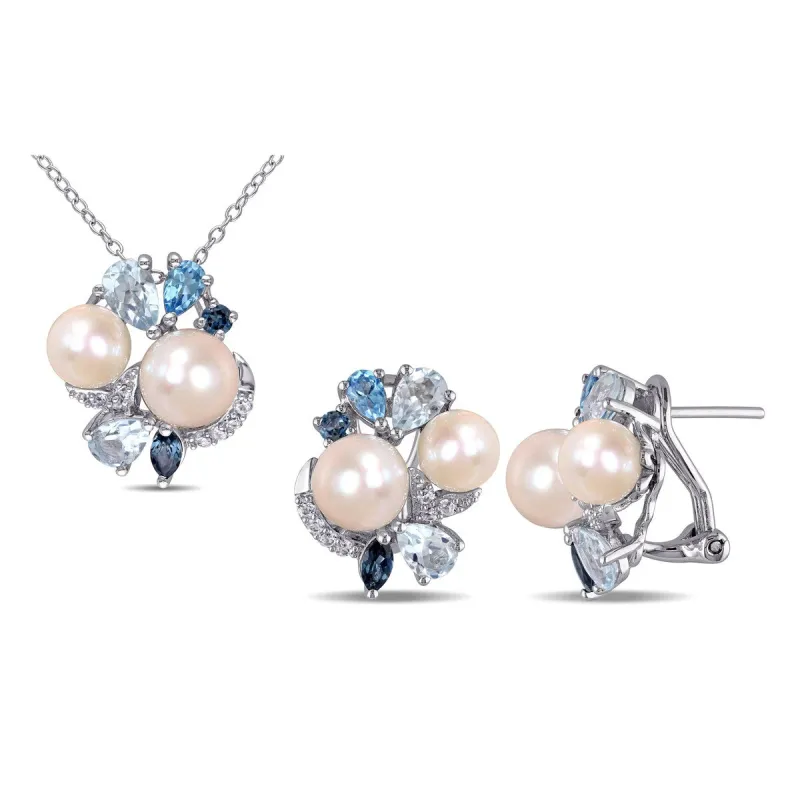 Sofia B. Cultured Freshwater Pearl 4 7/8ct TGW Created White Sapphire Blue Topaz Jewelry Set Sterling Silver sold by Zulily