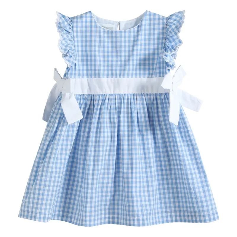 Light Blue Gingham Ruffle Bow Dress sold by Zulily