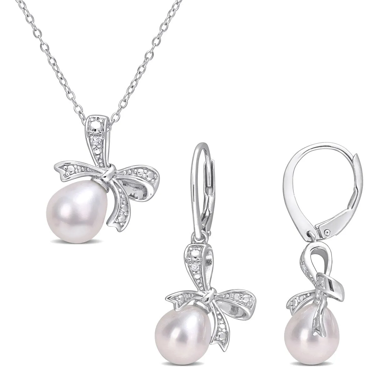 Sofia B. Cultured Freshwater Pearl Diamond Accent Bow Leverback Earrings Necklace Set Sterling Silver sold by Zulily