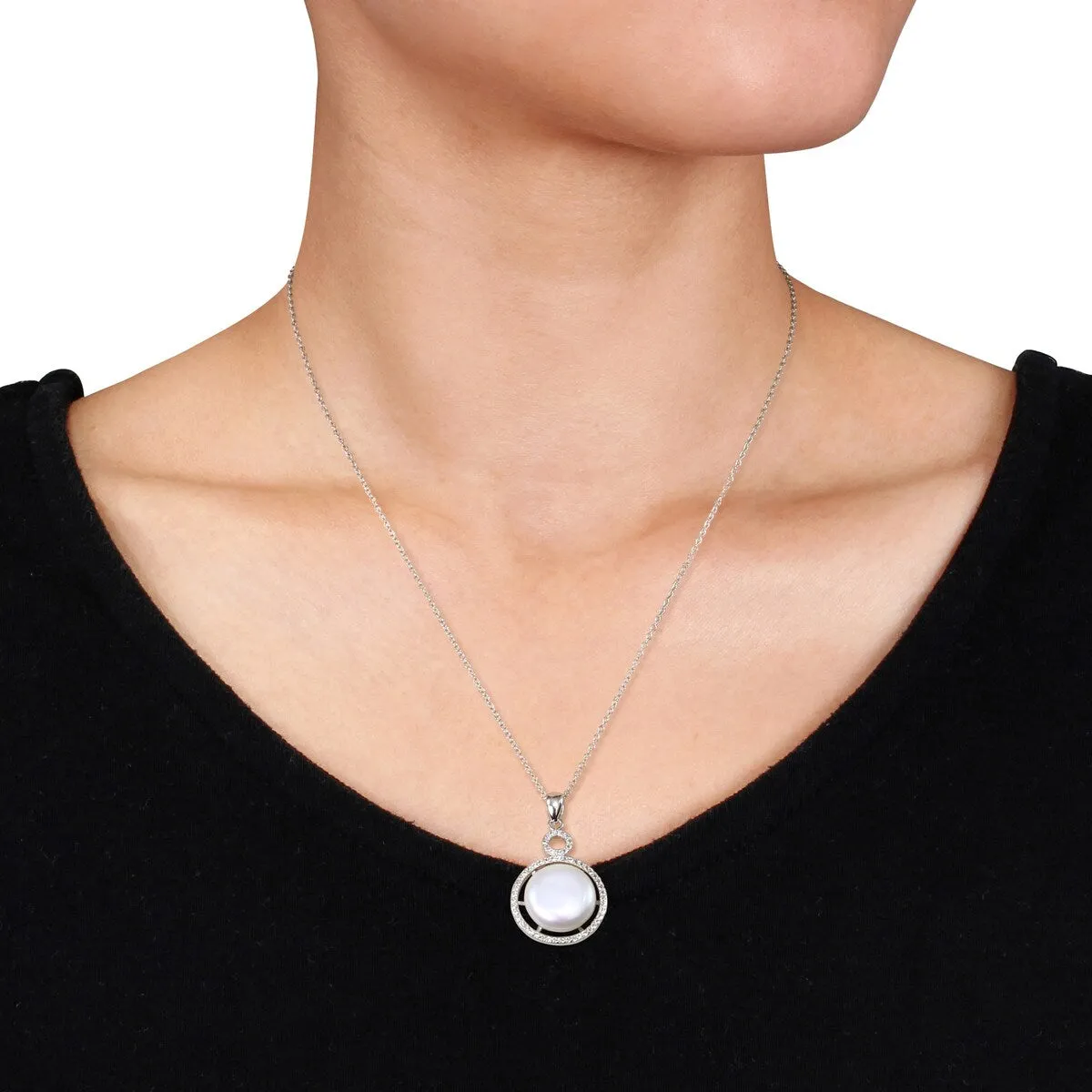 Sofia B. 14.5-15mm White Cultured Freshwater Pearl White Topaz Halo Necklace Sterling Silver sold by Zulily product image thumbnail 3