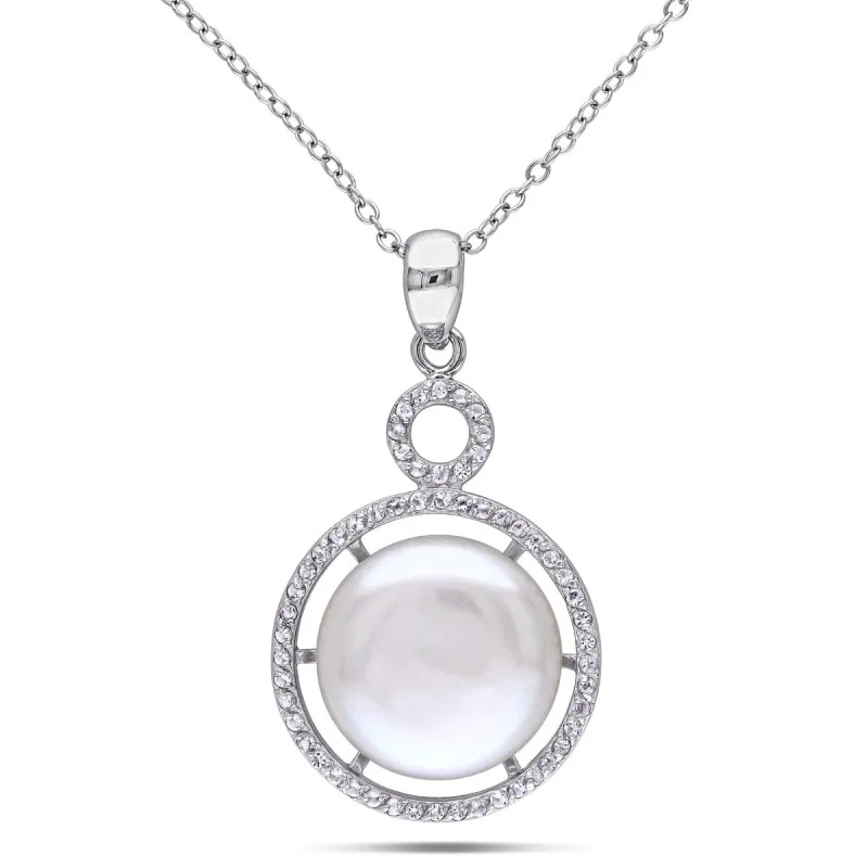 Sofia B. 14.5-15mm White Cultured Freshwater Pearl White Topaz Halo Necklace Sterling Silver sold by Zulily