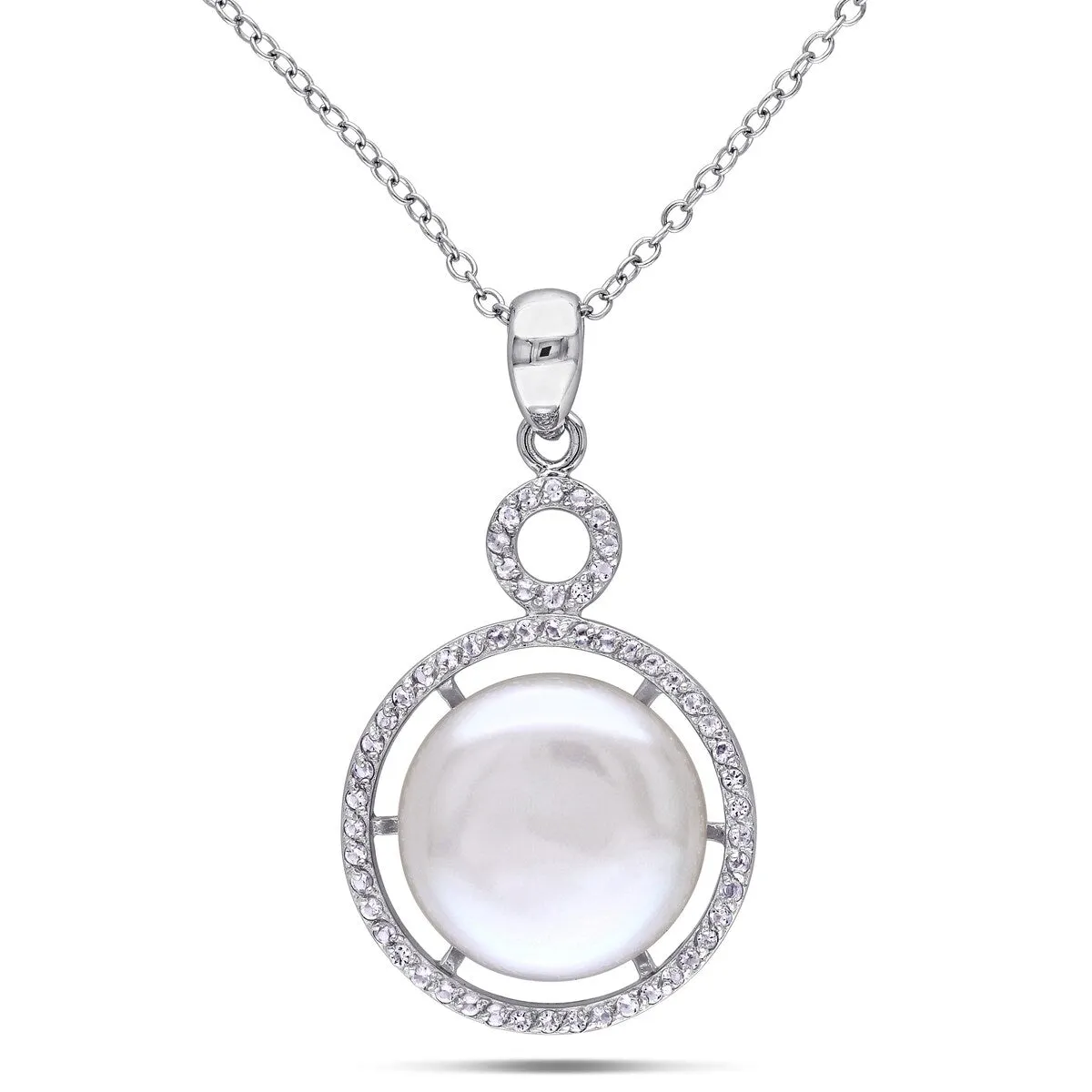 Sofia B. 14.5-15mm White Cultured Freshwater Pearl White Topaz Halo Necklace Sterling Silver sold by Zulily