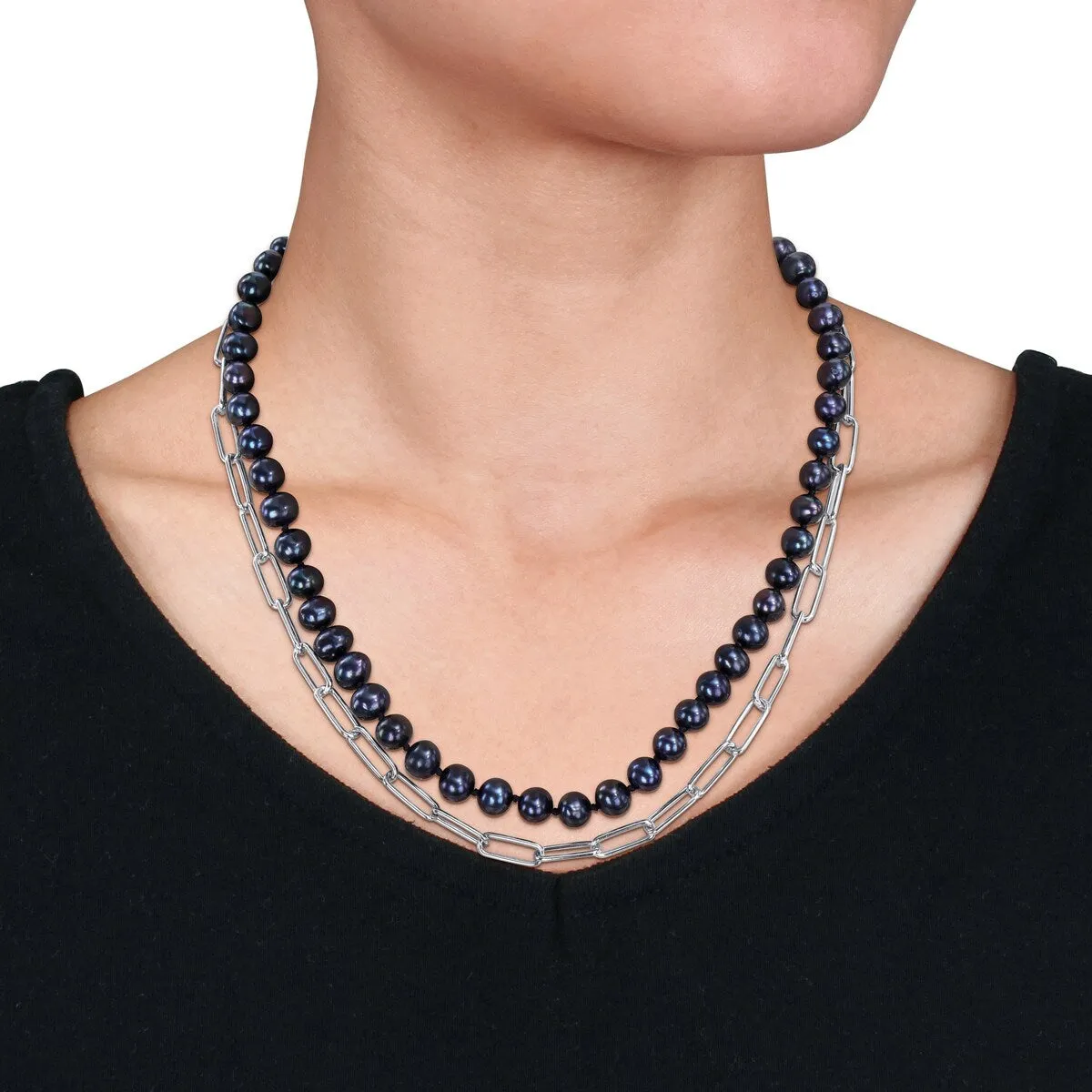 Sofia B. 7-7.5mm Black Cultured Freshwater Pearl Double Layered Chain Necklace Sterling Silver sold by Zulily product image thumbnail 3