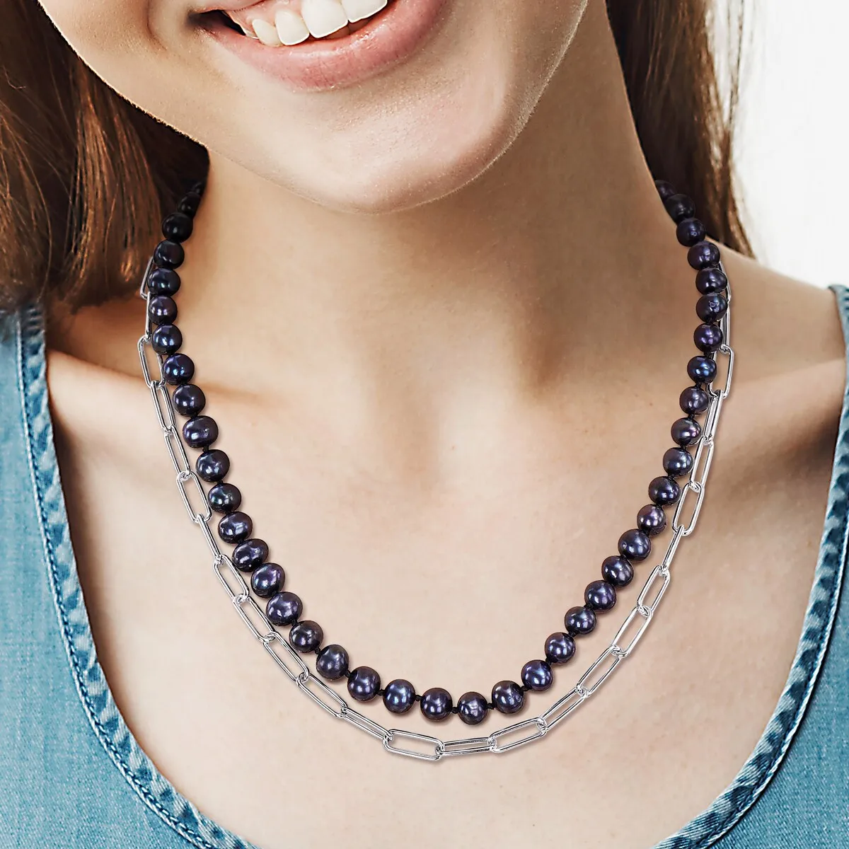 Sofia B. 7-7.5mm Black Cultured Freshwater Pearl Double Layered Chain Necklace Sterling Silver sold by Zulily product image thumbnail 4