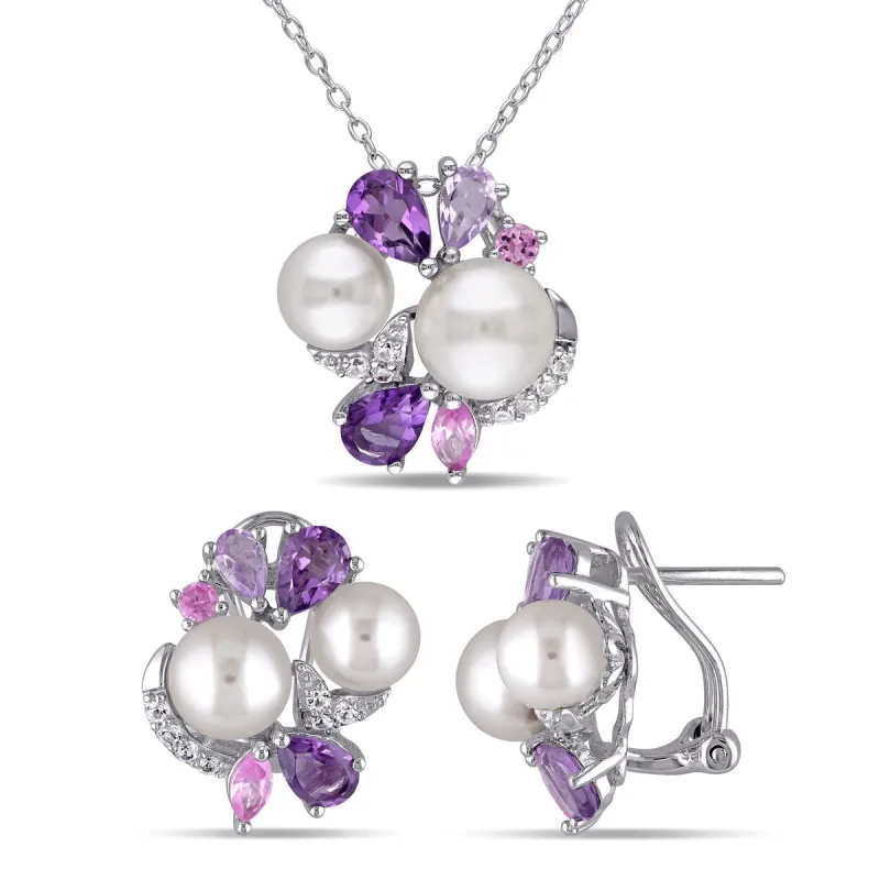 Sofia B. 4ct TGW Created White Pink Sapphire Amethyst Rose de France Cultured Freshwater Pearl Jewelry Set Sterling Silver sold by Zulily