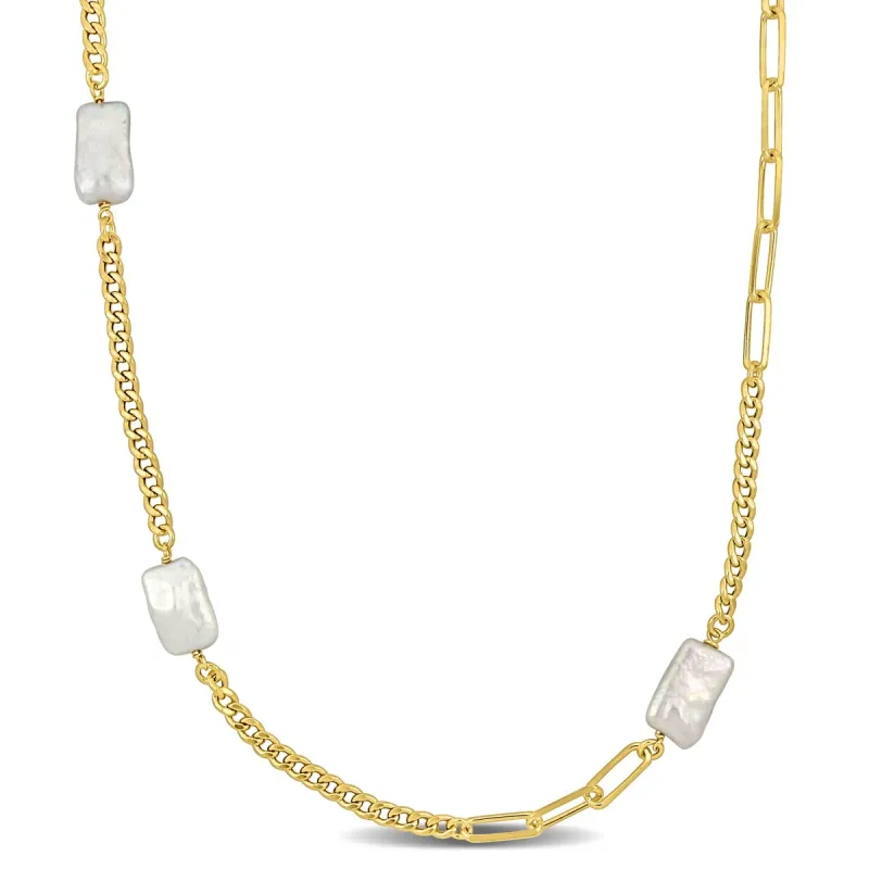 Sofia B. Cultured Freshwater Pearl Station Necklace Curb Paperclip Link Chain Yellow Silver - 33 in sold by Zulily