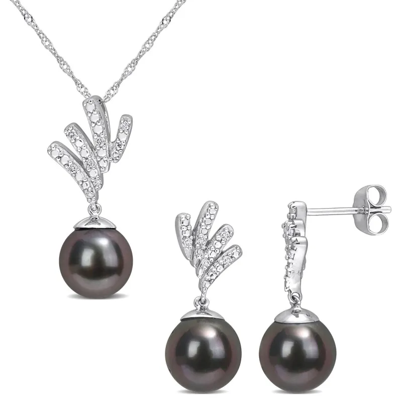 Sofia B. 8-8.5mm Black Tahitian Cultured Pearl 1/10ct TW Diamond Pendant Earring Set 10k White Gold sold by Zulily