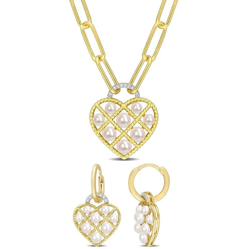 Sofia B. White Cultured Freshwater Pearl 1/10ct TDW Diamond 2-Piece Heart Jewelry Set Yellow Silver sold by Zulily