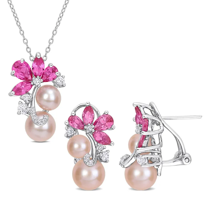 Sofia B. Pink Cultured Freshwater Pearl 7 3/8ct TGW Created Pink & White Sapphire Jewelry Set Sterling Silver sold by Zulily