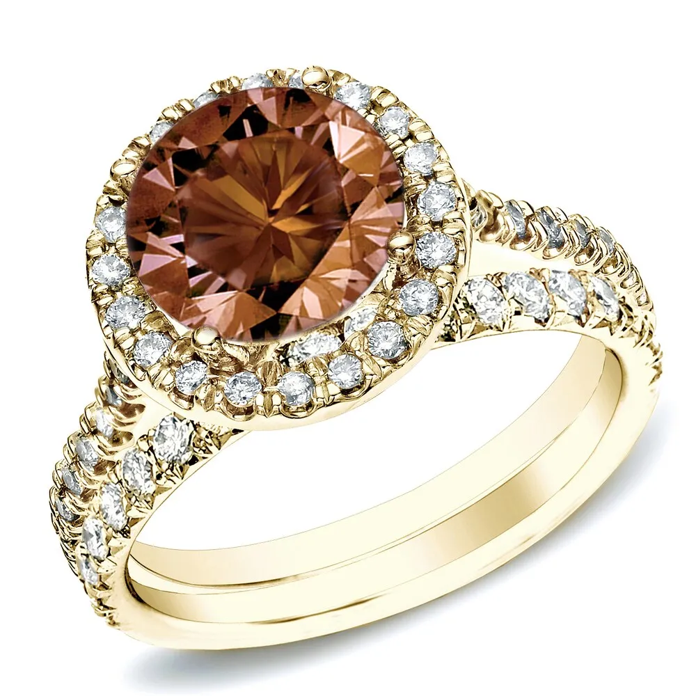 Auirya 1ct TDW Round Split Shank Brown Diamond Halo Engagement Ring Set 14k Gold sold by Zulily product image thumbnail 4