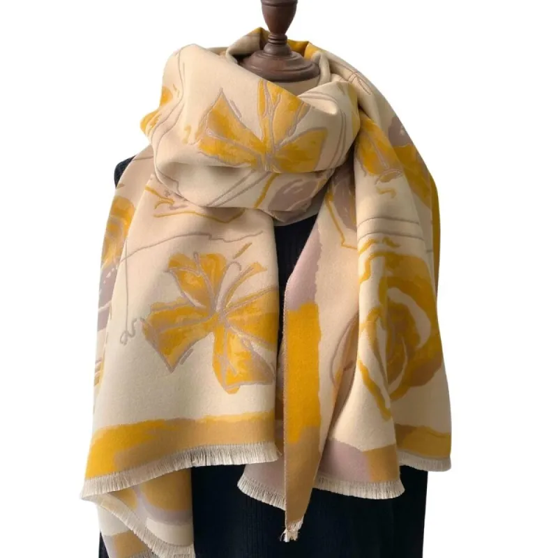 Luxurious Hibiscus Flower Scarf in Mustard sold by Zulily