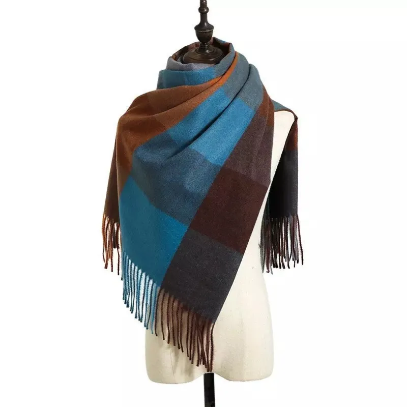 Cosy Plaid Scarf With Tassels in Blue Brown sold by Zulily