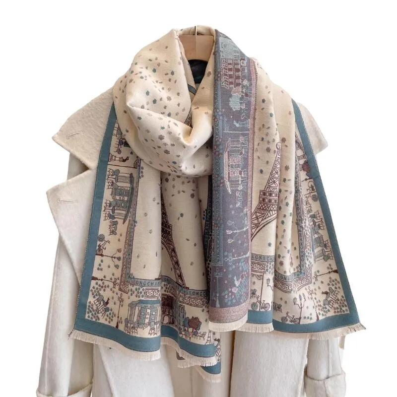 Beige & Dusty Blue Parisian Patterned Fringe-Trimmed Scarf sold by Zulily