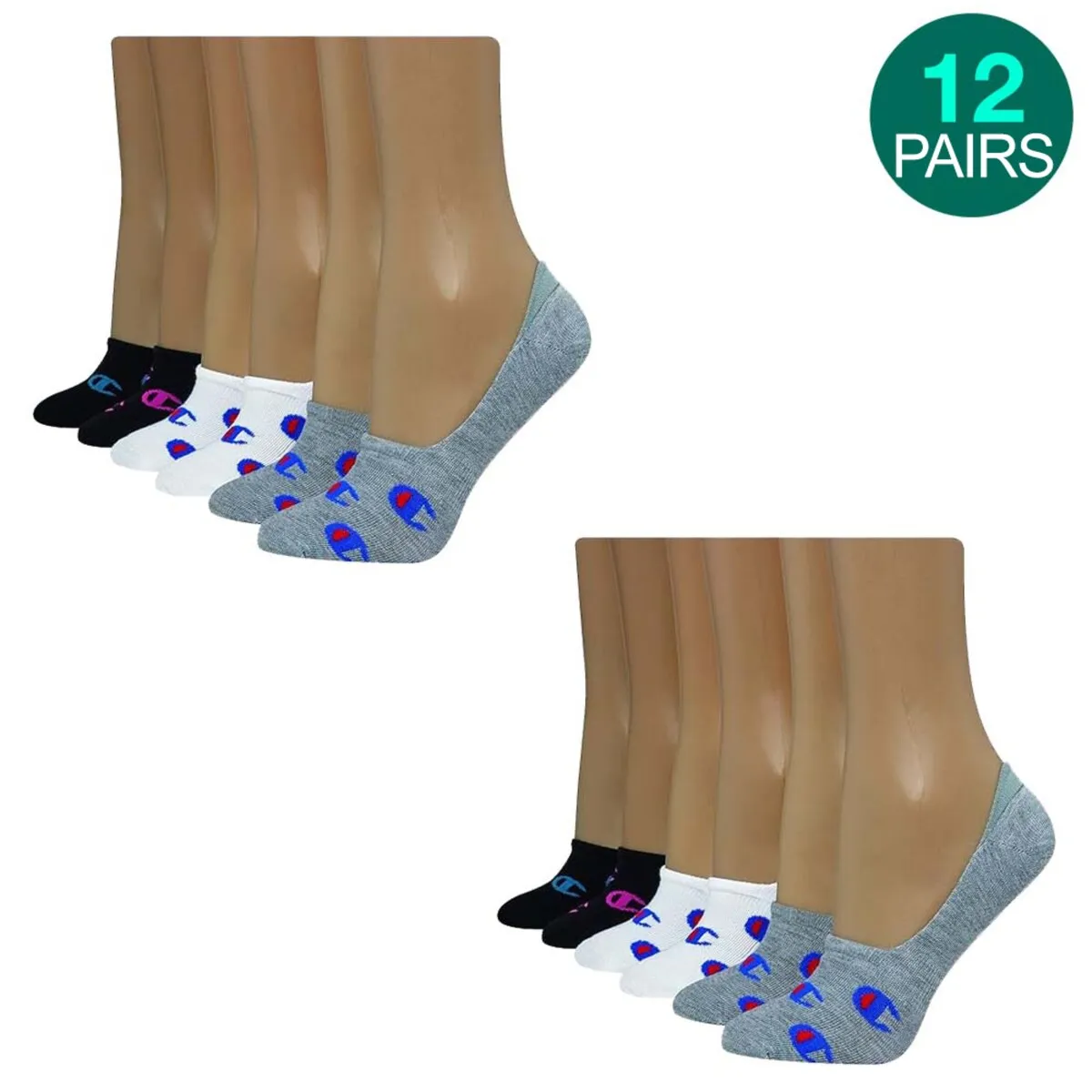 12-Pairs Champion Women's Invisible Liner Sock, Pink/Blk/Wht/Gry sold by Zulily