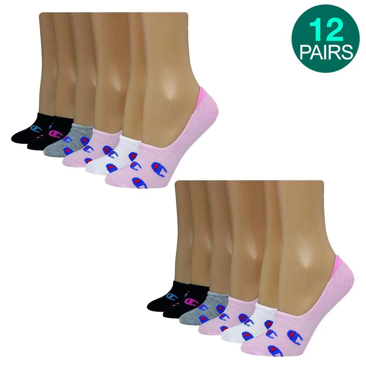 12-Pairs Champion Women's Invisible Liner Sock, Pink/Blk/Wht/Gry sold by Zulily product image thumbnail 2