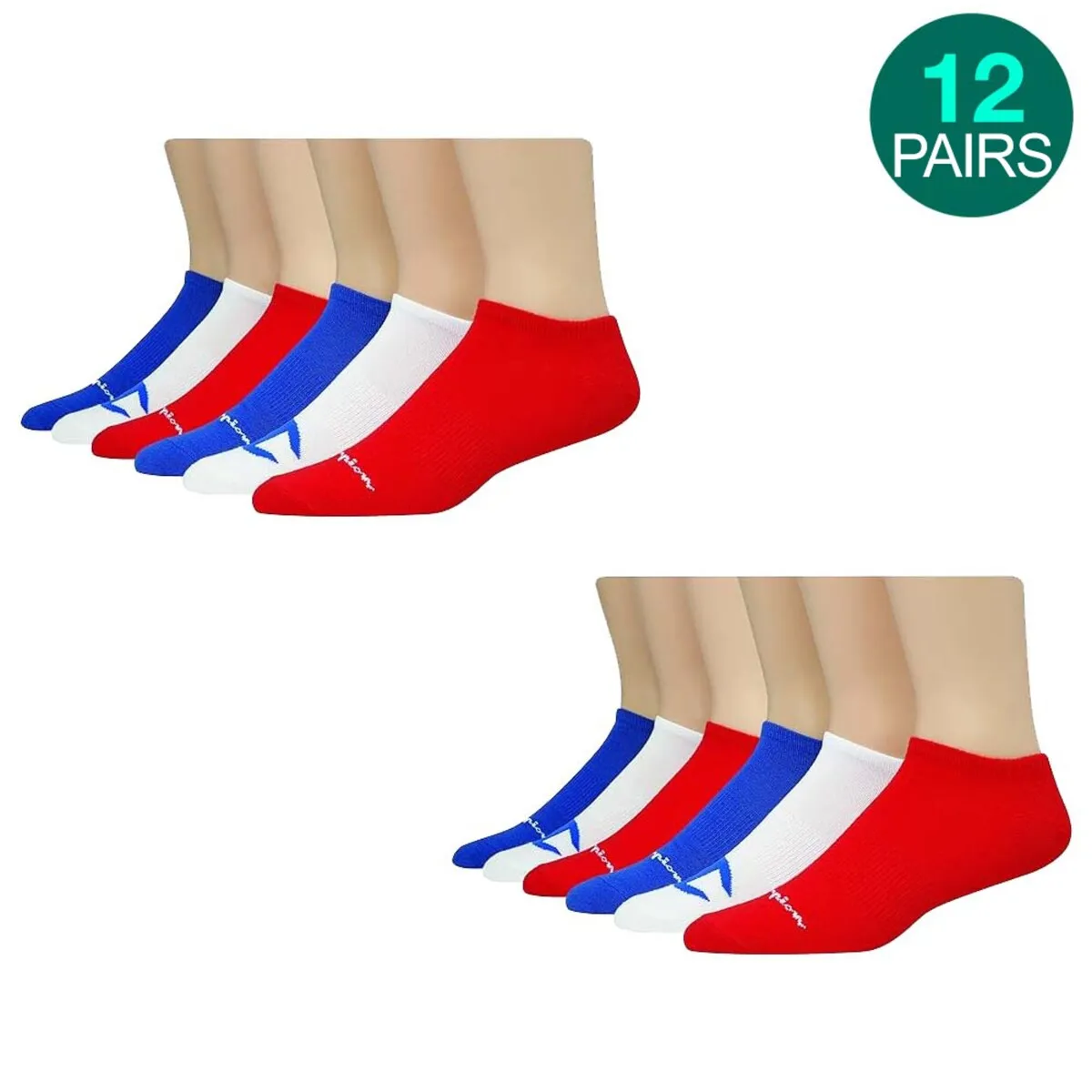 12-Pairs Champion Men's Socks, Super No-Show Cushioned Socks, Footies, Red/Blu/Wht sold by Zulily