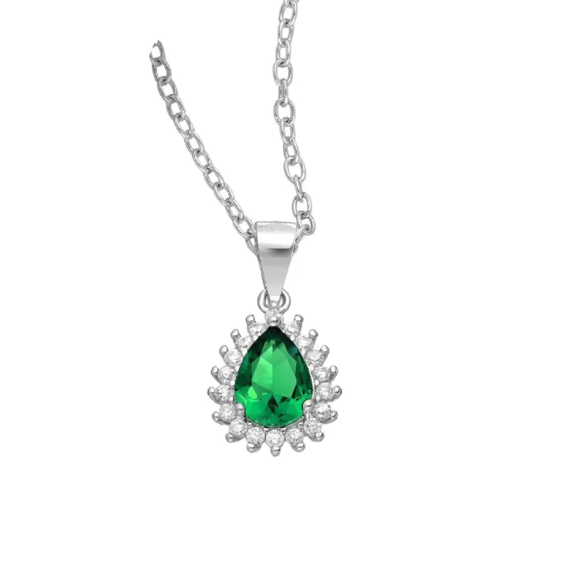 Sterling Silver Pear-Shaped CZ Simulated Diamond Halo and Pave Pendant Necklace in Emerald - White sold by Zulily