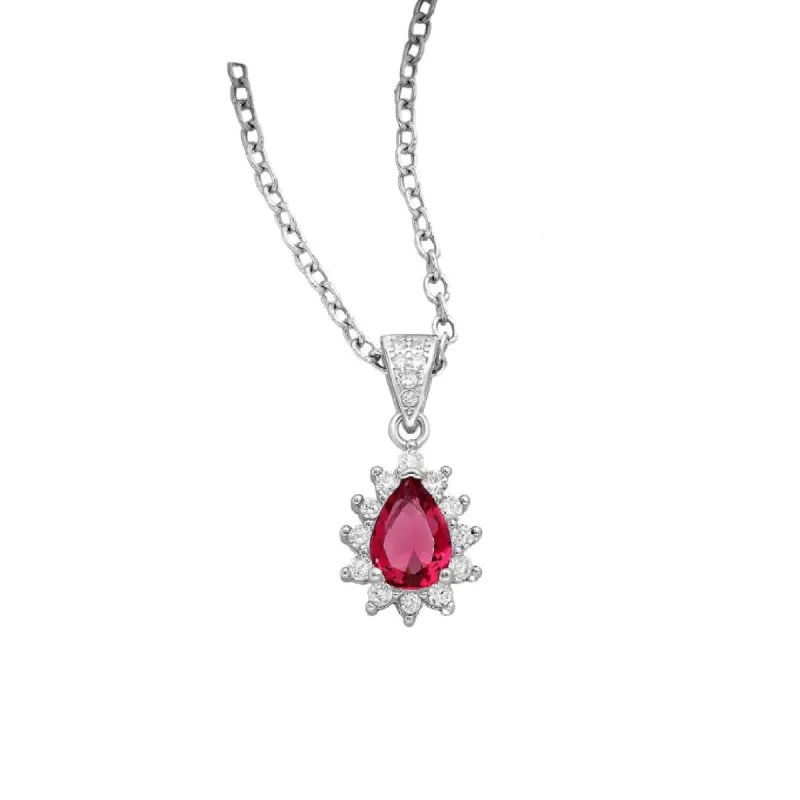 Sterling Silver Pear-Shaped CZ Simulated Diamond Halo Pendant Necklace in Ruby Red - White sold by Zulily