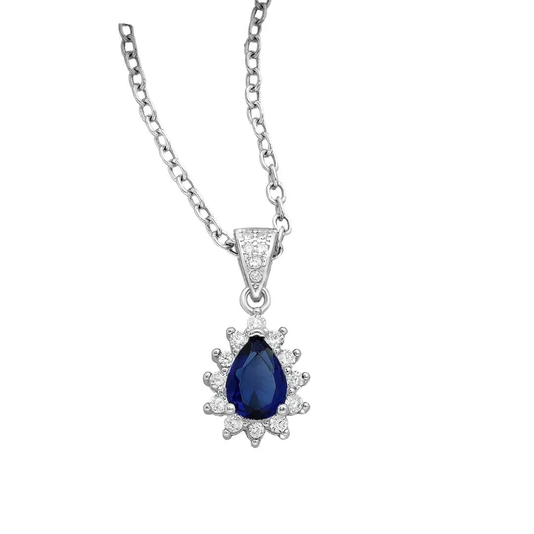Sterling Silver Pear-Shaped CZ Simulated Diamond Halo Pendant Necklace in Sapphire - White sold by Zulily