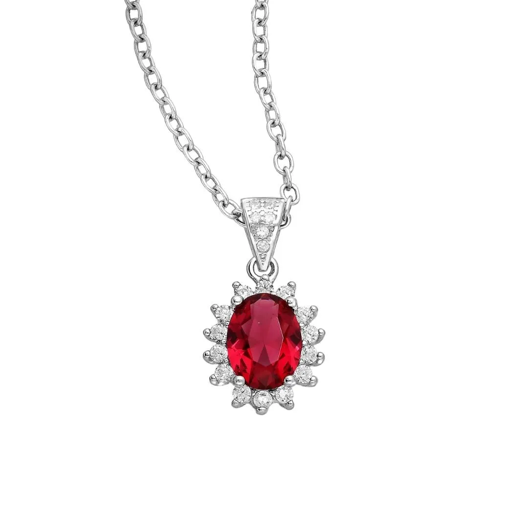 Sterling Silver Oval-Shaped CZ Simulated Diamond Halo Pendant Necklace in Ruby Red - White sold by Zulily